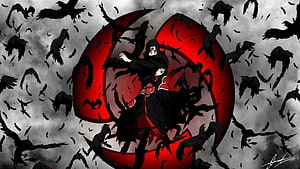 Itachi Uchiha Anime Character With Crows And Akatsuki Cloud Symbol HD wallpaper