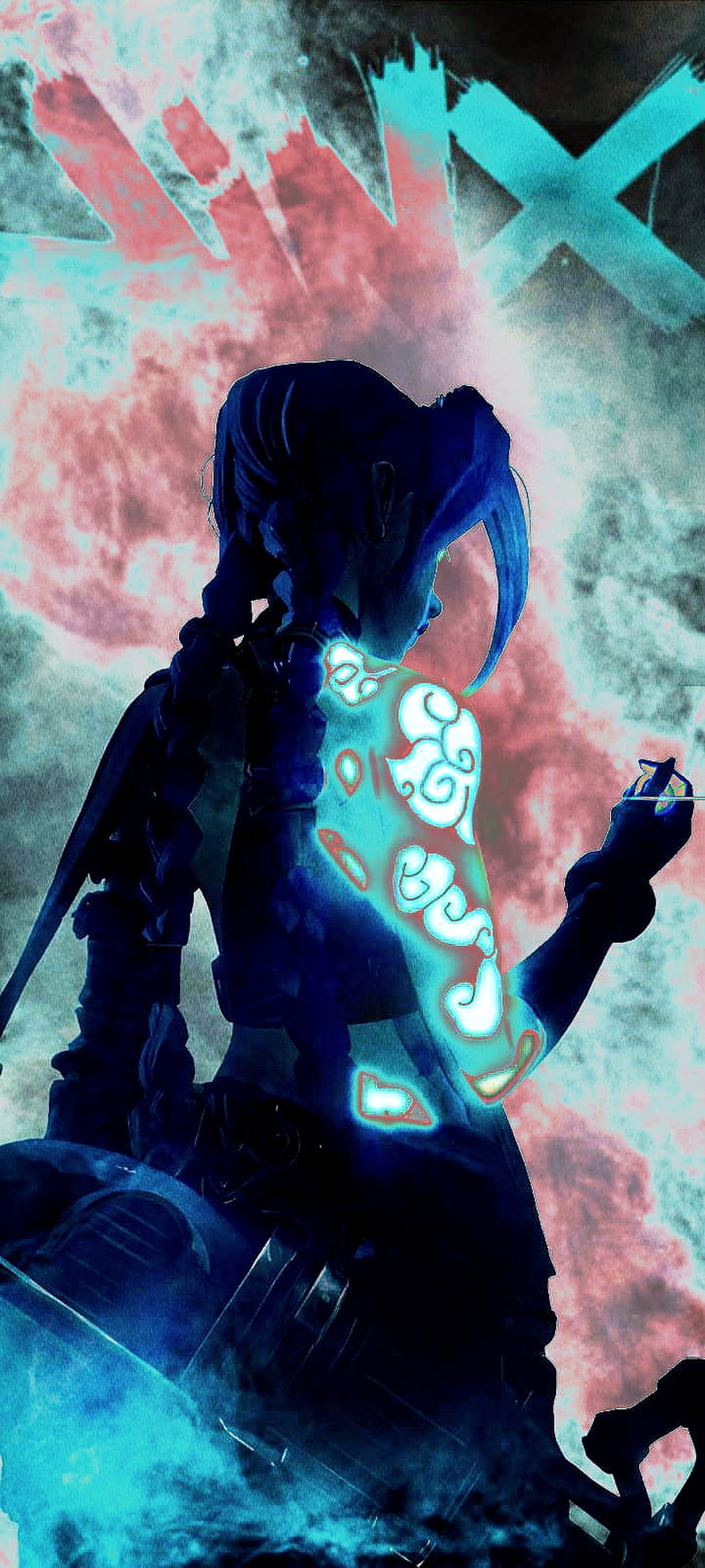 Jinx from Arcane with glowing tattoos and braided hair in a dramatic neon-lit scene HD phone wallpaper