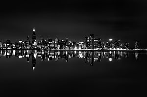 Chicago Skyline at Night in Black and White with Lake Michigan Reflections HD wallpaper