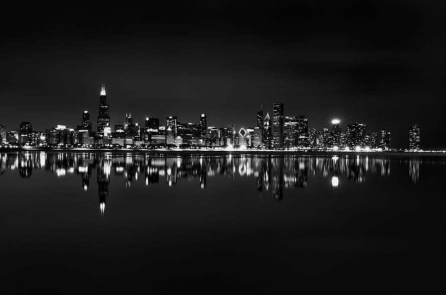 Chicago Skyline at Night in Black and White with Lake Michigan Reflections HD wallpaper