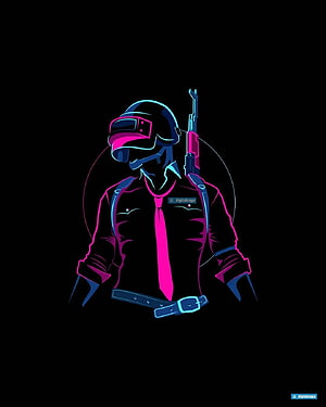 Neon Cyberpunk PUBG Soldier with Helmet and Rifle on Black Background HD phone wallpaper