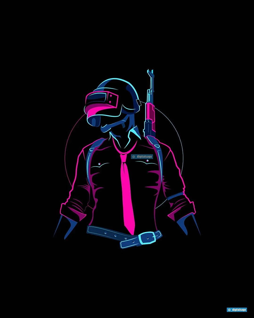Neon Cyberpunk PUBG Soldier with Helmet and Rifle on Black Background HD phone wallpaper