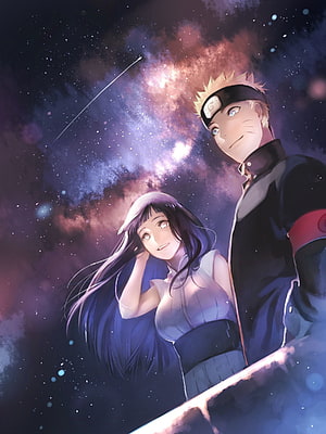 Naruto and Hinata Gazing at the Starry Night Sky in Anime Illustration HD phone wallpaper