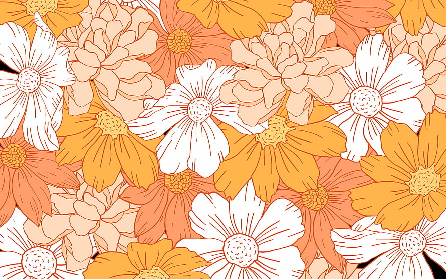 Warm Orange and White Floral Pattern Illustration with Daisies and Peonies HD wallpaper