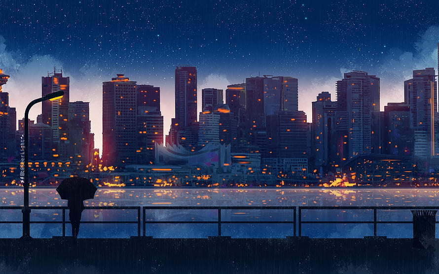 Lonely Figure With Umbrella Watching Rainy City Skyline at Night HD wallpaper