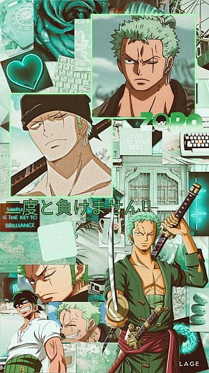 Roronoa Zoro One Piece Anime Collage Wallpaper with Green Aesthetic and Sword Motifs HD phone wallpaper