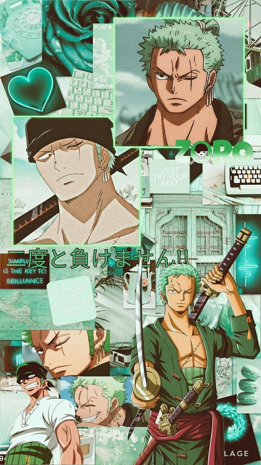 Roronoa Zoro One Piece Anime Collage Wallpaper with Green Aesthetic and Sword Motifs HD phone wallpaper