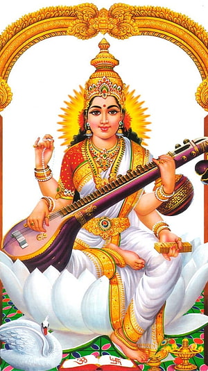 Goddess Saraswati Playing Veena on Lotus Throne with Swan and Sacred Text HD phone wallpaper