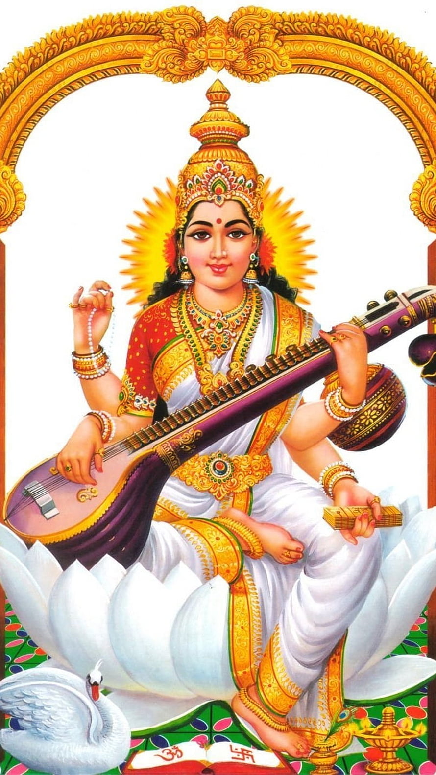 Goddess Saraswati Playing Veena on Lotus Throne with Swan and Sacred Text HD phone wallpaper