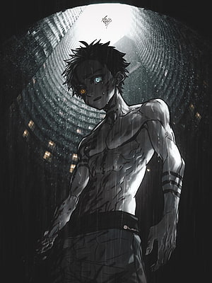 Demon Slayer Character with Heterochromia in Dark Rainy Setting HD phone wallpaper