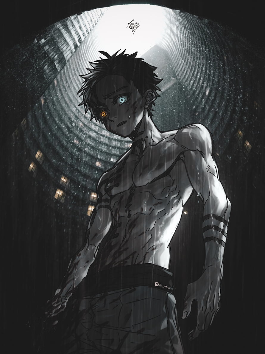 Demon Slayer Character with Heterochromia in Dark Rainy Setting HD phone wallpaper