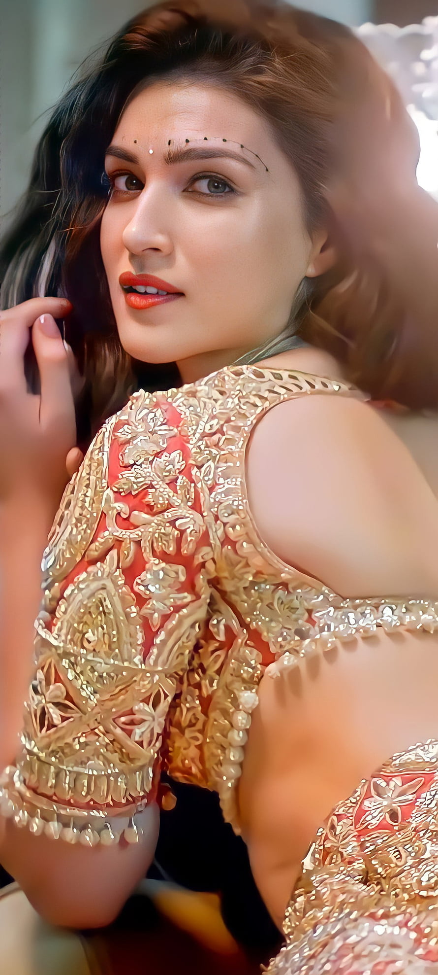 Elegant Woman in Intricate Gold and Coral Embroidered Traditional Indian Attire, Beautiful girl, Beauty, indian HD phone wallpaper