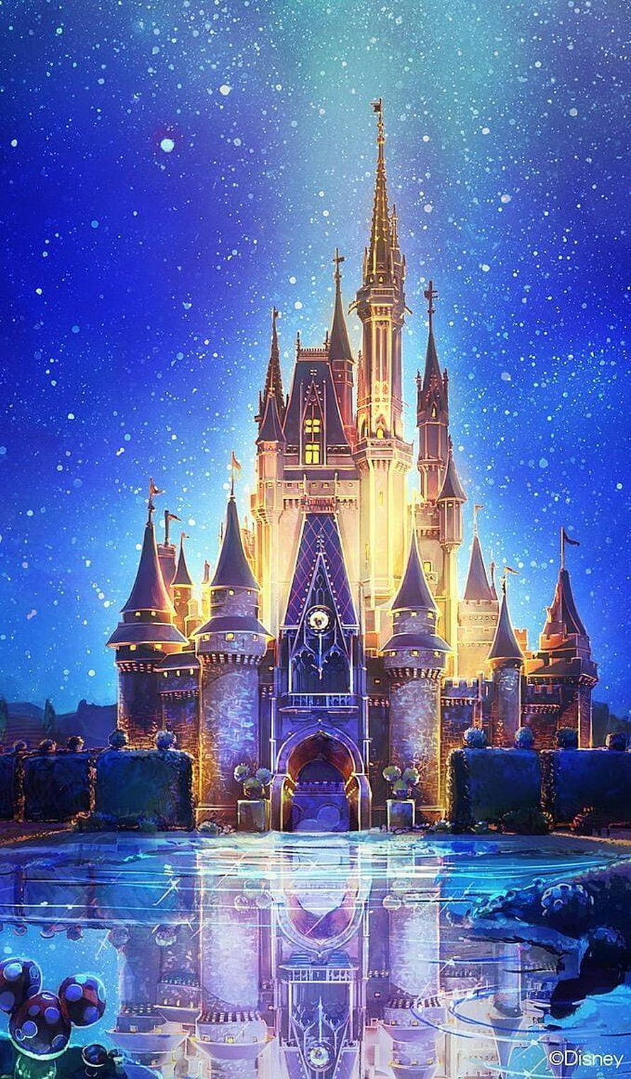 Disney Castle at Night with Starry Sky and Water Reflection HD phone wallpaper