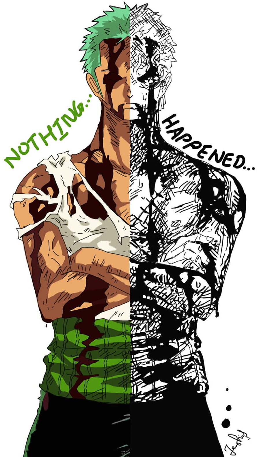 Roronoa Zoro Split Artwork Nothing Happened Manga Style Illustration, Zoro, art, manga, onepiece, anime, digitalart HD phone wallpaper