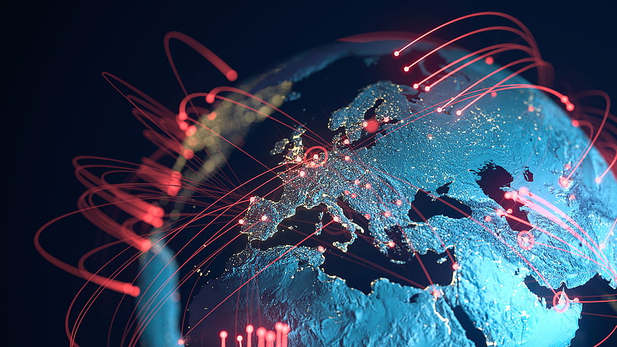 Global Cybersecurity Network Visualization with Red Data Streams Over Europe HD wallpaper