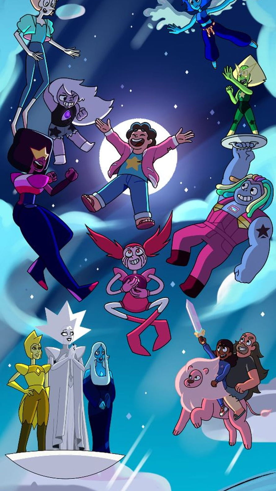 Steven Universe Ensemble Cast Floating in Night Sky with Moon and Clouds HD phone wallpaper