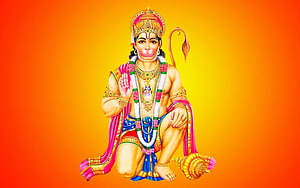 Lord Hanuman Sitting in Prayer Pose with Conch Shell on Vibrant Orange Background, Lord Hanuman , Hanuman PC HD wallpaper