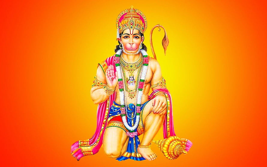 Lord Hanuman Sitting in Prayer Pose with Conch Shell on Vibrant Orange Background, Lord Hanuman , Hanuman PC HD wallpaper