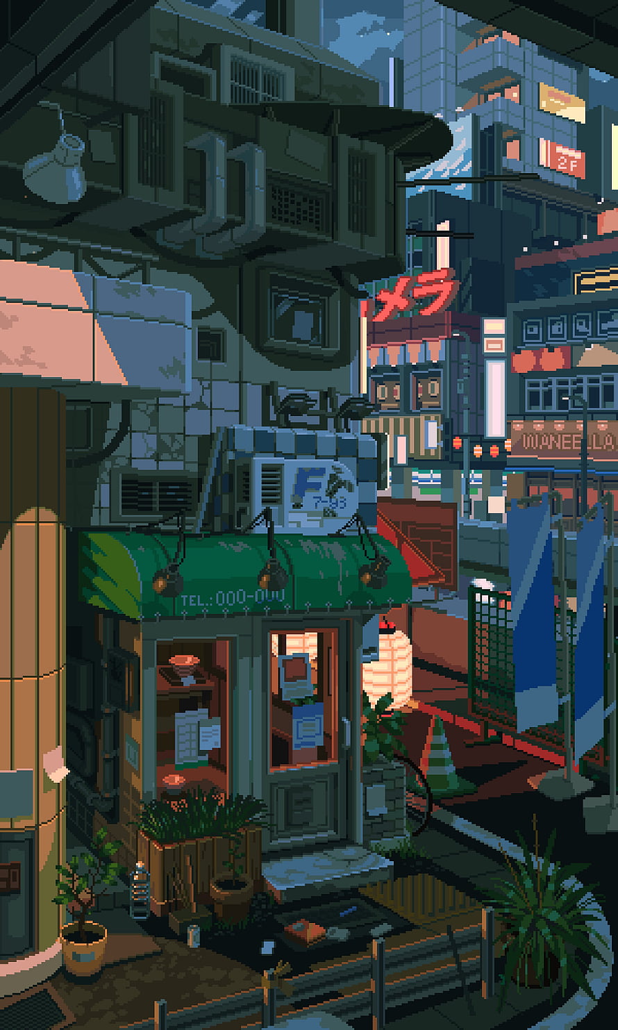 Pixel Art Cyberpunk Alleyway With Neon Signs And Cozy Shop HD phone wallpaper