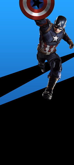 Captain America Steve Rogers Jumping with Shield Against Blue Background HD phone wallpaper