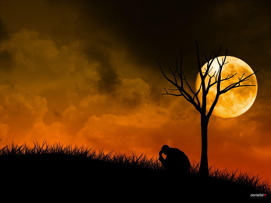 Silhouette of a person sitting under a bare tree against a large full moon and fiery orange clouds HD wallpaper