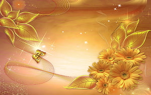 Golden Floral Design with Daisies, Leaves, and Butterfly on Warm Gradient Background HD wallpaper