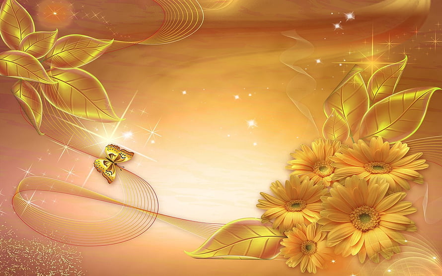 Golden Floral Design with Daisies, Leaves, and Butterfly on Warm Gradient Background HD wallpaper