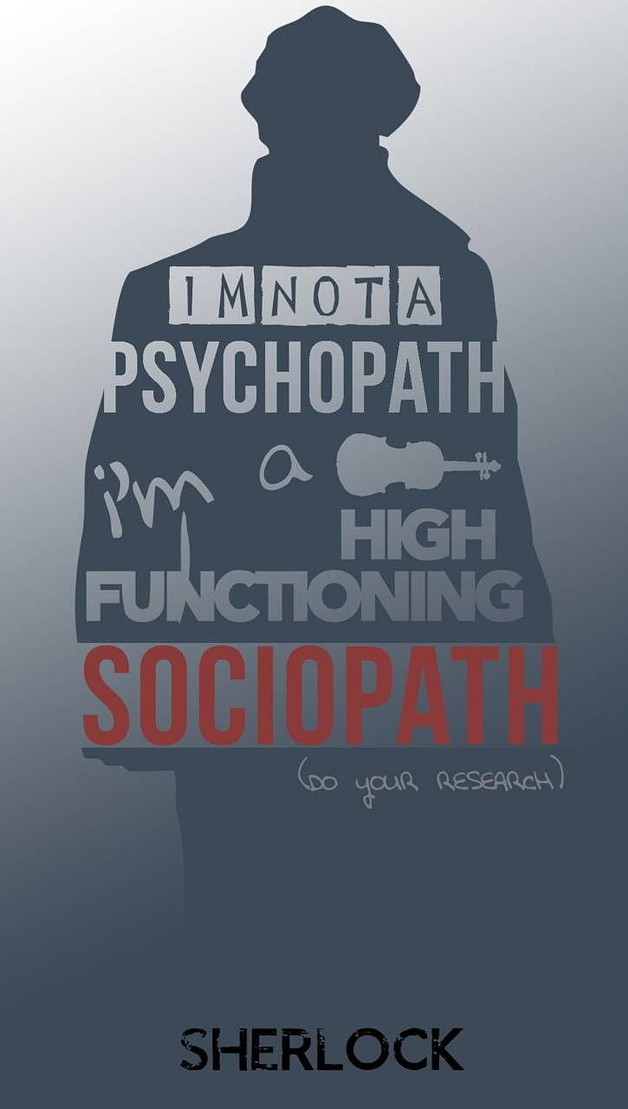 Sherlock Silhouette with Sociopath Quote and Violin Icon on Muted Blue Background HD phone wallpaper