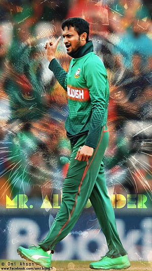 Shakib Al Hasan in Green Bangladesh Cricket Training Kit with Tiger Background HD phone wallpaper