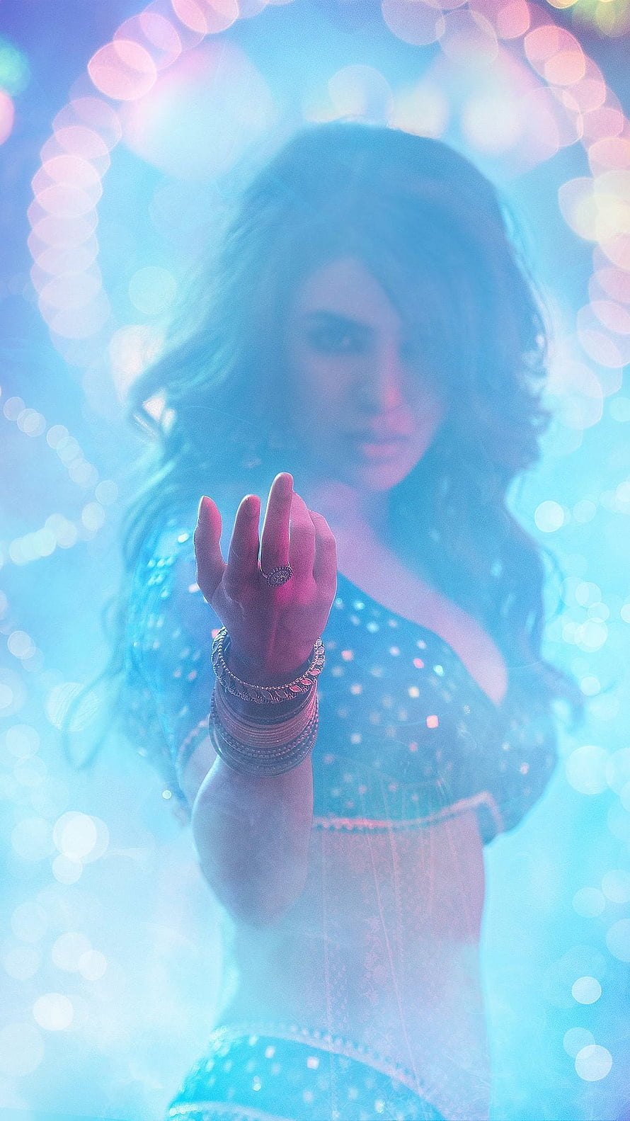 Woman in Blue Sequined Outfit with Glowing Hand and Bokeh Lights, Samantha Akkineni, pushpa HD phone wallpaper