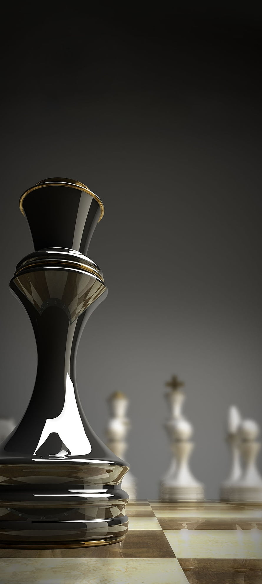 Glossy Black Chess King Piece with Gold Accents on a Marble Board HD phone wallpaper