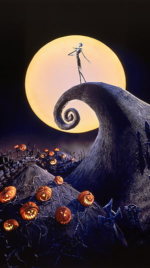 Jack Skellington Standing on a Hill Against a Full Moon in The Nightmare Before Christmas HD phone wallpaper