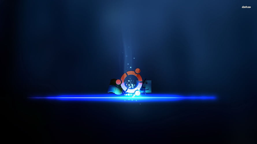 Ubuntu Linux Logo Glowing on a Blue Light Beam Against a Dark Background HD wallpaper