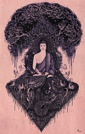 Intricate Buddha Meditation Illustration with Ornate Floral Canopy and Doves HD phone wallpaper