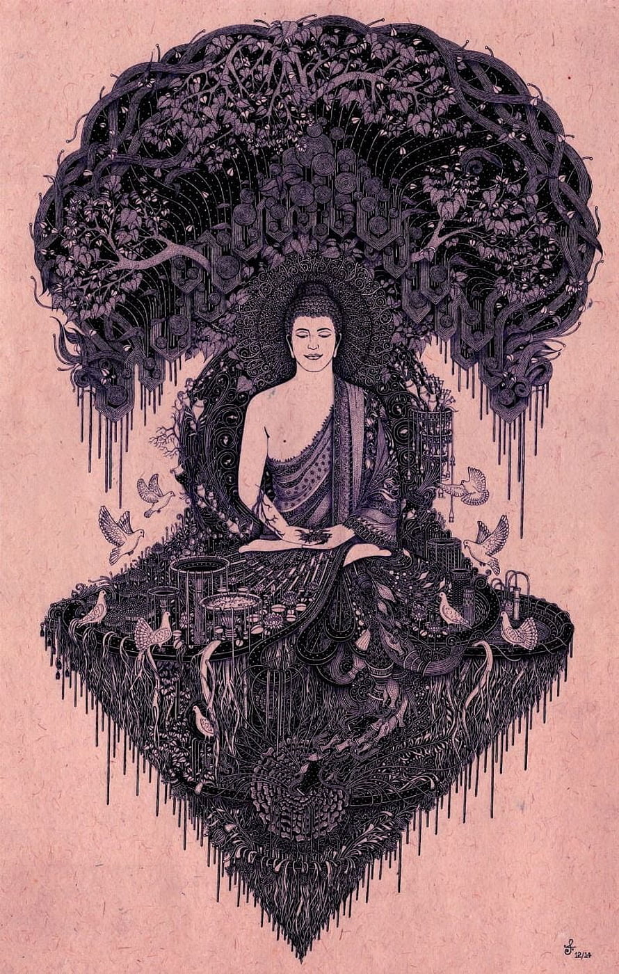 Intricate Buddha Meditation Illustration with Ornate Floral Canopy and Doves HD phone wallpaper
