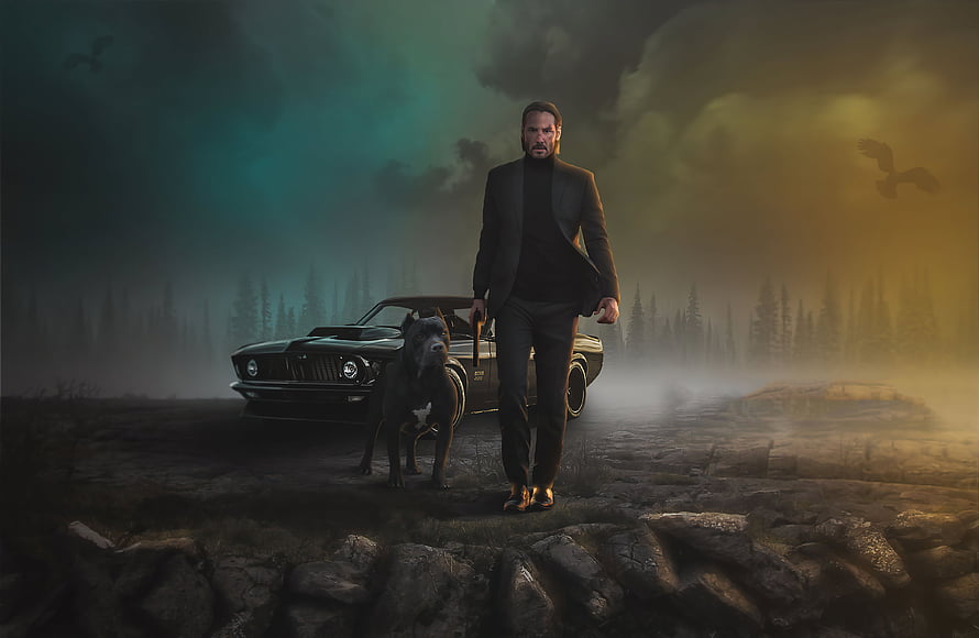 John Wick and Dog Standing in Front of Classic Mustang in Misty Forest HD wallpaper