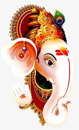 Lord Ganesha Digital Art Illustration With Peacock Feather Crown And Auspicious Symbols HD phone wallpaper