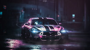 Ford Mustang GT with racing stripes in a neon-lit rainy city street at night HD wallpaper