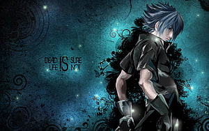 Anime Boy With Blue Hair Looking Back Against Dark Blue Floral Background HD wallpaper
