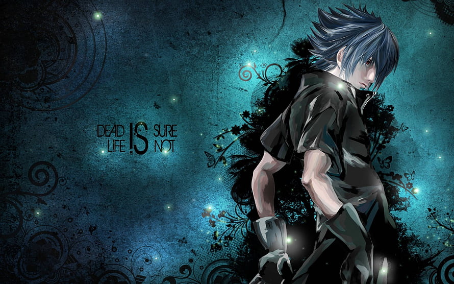 Anime Boy With Blue Hair Looking Back Against Dark Blue Floral Background HD wallpaper