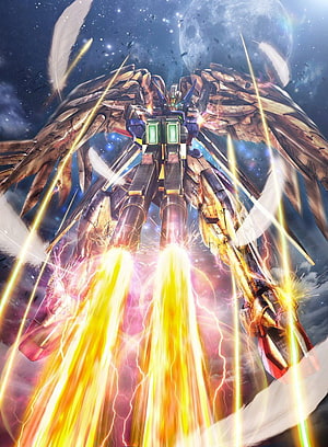 Wing Zero Gundam with Feathered Wings Firing Beam Weapons in Space HD phone wallpaper