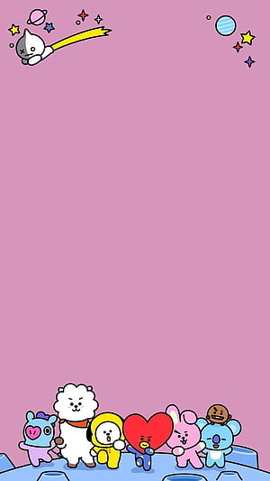 BT21 Cute Cartoon Characters Group on Pink Background with Space Elements HD phone wallpaper