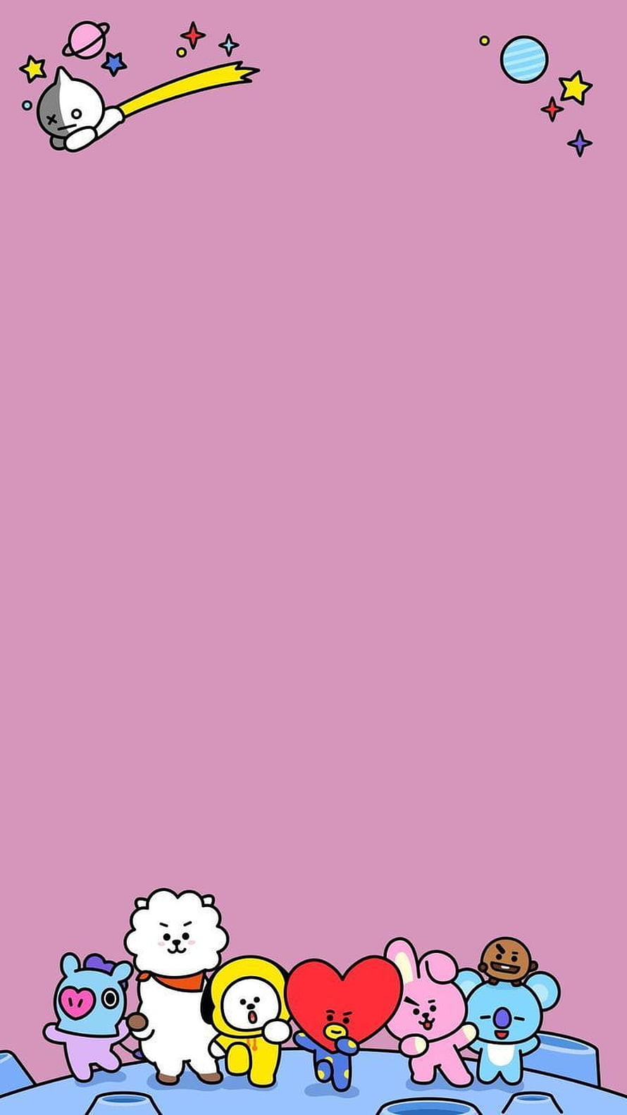 BT21 Cute Cartoon Characters Group on Pink Background with Space Elements HD phone wallpaper