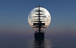 Silhouetted Tall Ship Sailing on Calm Ocean with Full Moon Rising in Twilight Sky HD wallpaper
