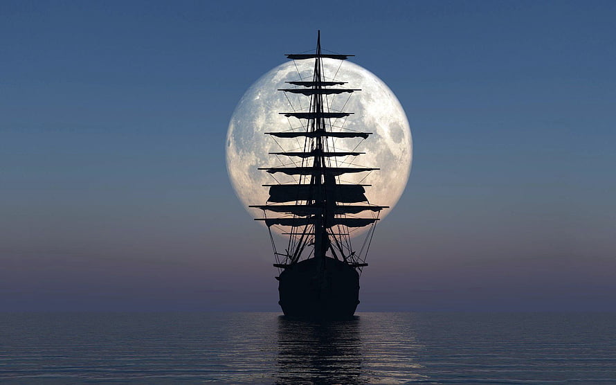 Silhouetted Tall Ship Sailing on Calm Ocean with Full Moon Rising in Twilight Sky HD wallpaper
