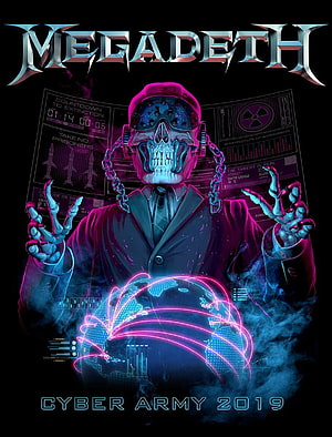Megadeth Cyber Army 2019 Tour Poster Featuring Cybernetic Skull and Neon Globe HD phone wallpaper