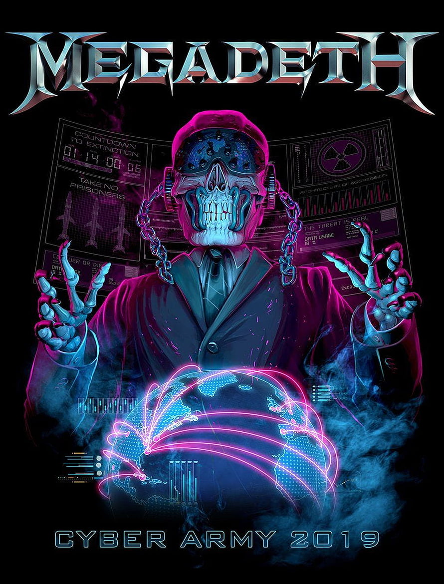 Megadeth Cyber Army 2019 Tour Poster Featuring Cybernetic Skull and Neon Globe HD phone wallpaper