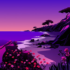 Violet Coastal Landscape with Pink Wildflowers and Rocky Cliffs at Dusk HD phone wallpaper