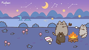 Pusheen and Friends Camping by the Lake at Night with Marshmallows HD wallpaper
