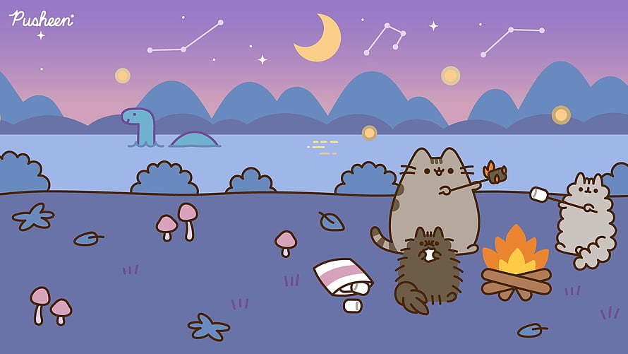 Pusheen and Friends Camping by the Lake at Night with Marshmallows HD wallpaper